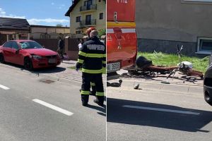 FOTO: Accident la Avrig – Mopedist lovit de o maşină