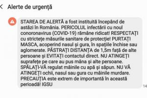 Mesaj de avertizare prin sistemul RO-ALERT: PERICOLUL infectării cu noul CORONAVIRUS (COVID-19) rămâne ridicat