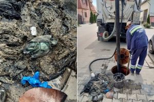 FOTO: Sibienii confundă coşul de gunoi cu canalizarea – Măşti şi mănuşi aruncate în canal