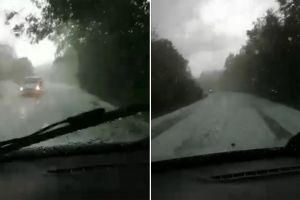 VIDEO ȘTIREA TA| Covor de grindină pe şoseaua dintre Livezile şi Poiana Aiudului. Bucăţile de gheaţă au acoperit pământul după o ploaie torenţială