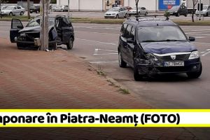 Tamponare în Piatra-Neamţ. O maşină s-a oprit într-un stâlp (FOTO)