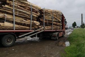 Remorca unui TIR încărcat cu cherestea a luat foc în Topliţa
