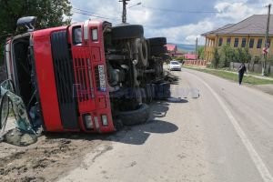 FOTO Camion încărcat cu floarea soarelui, răsturnat pe un drum din Botoşani