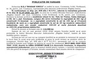 B.E.J. “Bogdan Ionica organizeaza licitatie publica in vederea vanzarii unui imobil din Valu lui Traian