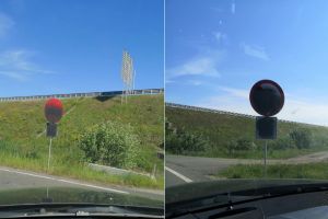 FOTO ȘTIREA TA| Semnul care interzice accesul pe bretelele de acces pe autostrada A1, prin CIC-ul de la Pianu, „blurat” la doar o zi de la instalare