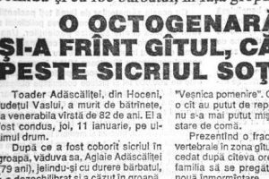 Vaslui. O bătrână şi-a rupt gâtul după ce a căzut pe sicriul soţului