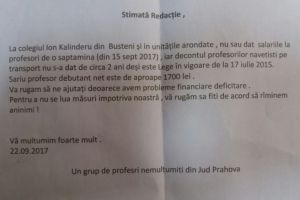 Asa scrie un profesor?! Text AGRAMAT trimis presei de cadrele didactice din Busteni, nemultumite de plata intarziata salariilor