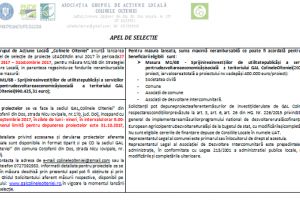 Asociatia Grupul de Acţiune Locală „Colinele Olteniei” anunţă lansarea primului apel de selecţie de proiecte LEADER din anul 2017 în perioada 27 septembrie 2017 – 31 octombrie 2017, pentru măsura M1/6B din Strategia de Dezvoltare Locală