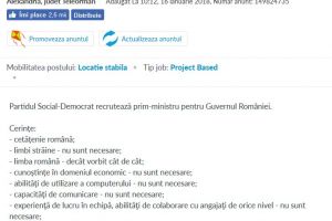 Anunţ cu titlul ”angajez prim-ministru”, postat pe OLX: ”Spor de ruşine” şi ”o partidă de pescuit în insula Belina”, între beneficii