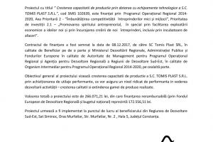 Anunt de presa: Cresterea capacitatii prin dotarea cu echipamente tehnologice a S.C. TOMIS PLAST S.R.L.