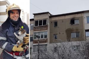 Pisică salvata de pompieri dintr-un incendiu